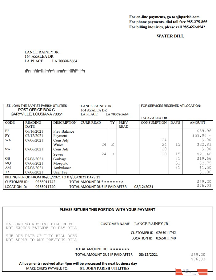 USA Louisiana St. John the Baptist Parish water bill in Word and PDF format